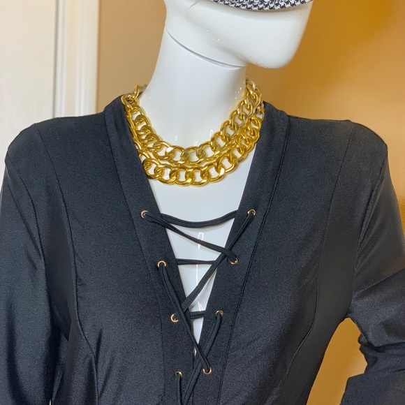 Black Dress with Criss Cross Ties Lycra Large - Picture 2 of 9